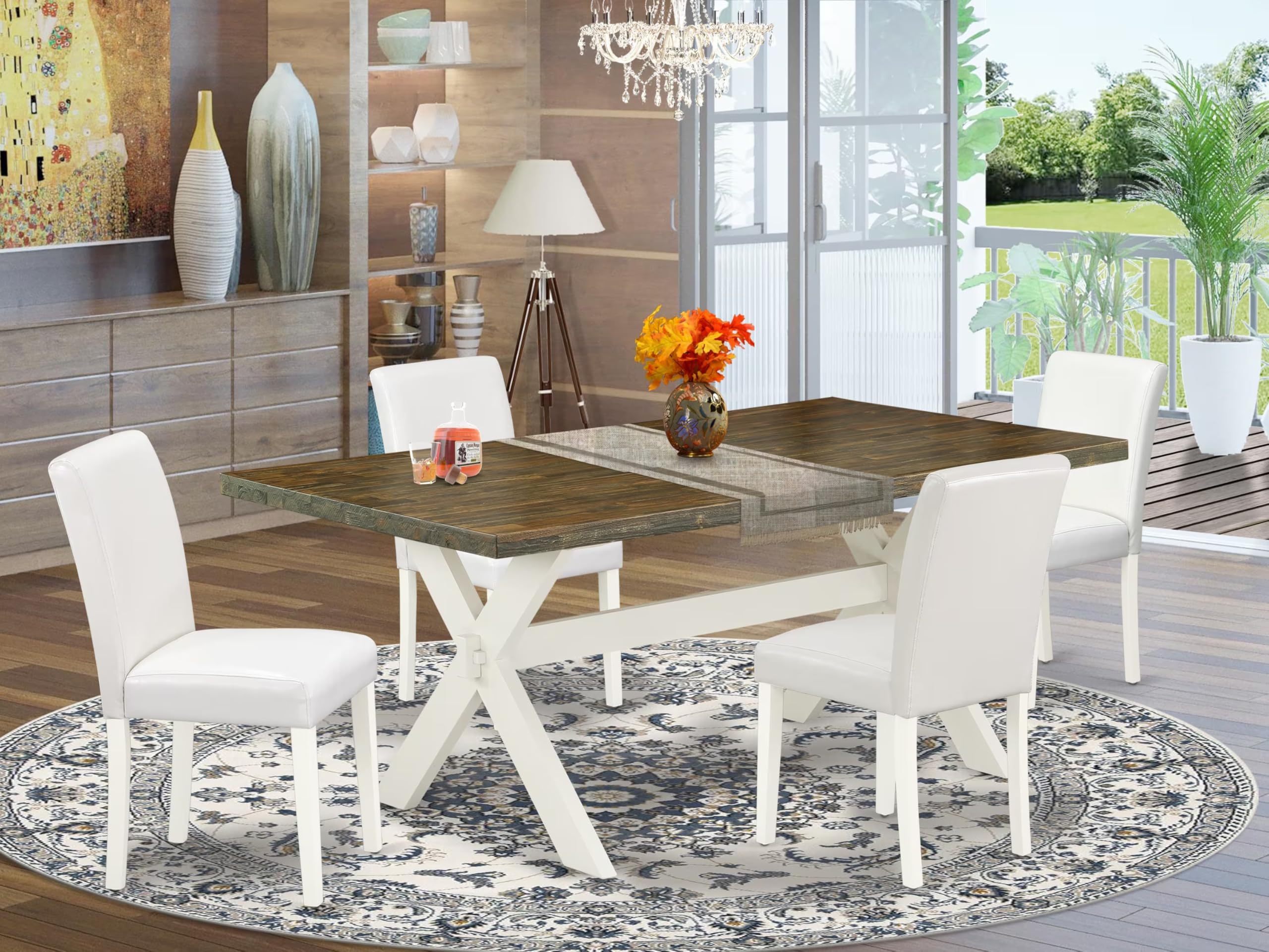 East West Furniture X077Ab264-5 5 Piece Modern Dining Table Set Includes A Rectangle Wooden Table With X-Legs And 4 White Faux Leather Parsons Dining Chairs, 40X72 Inch, Multi-Color